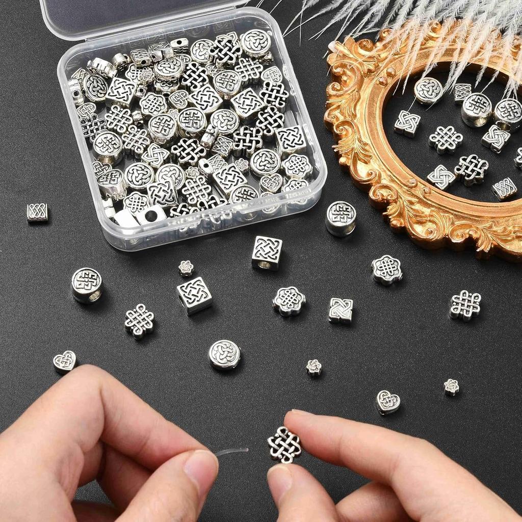 KitBeads 100Pcs 10 Styles Tibetan Chinese Knot Round Beads Metal Celtic Knot Square Rectangle Spacer Beads for Jewelry Making Bracelets Earrings