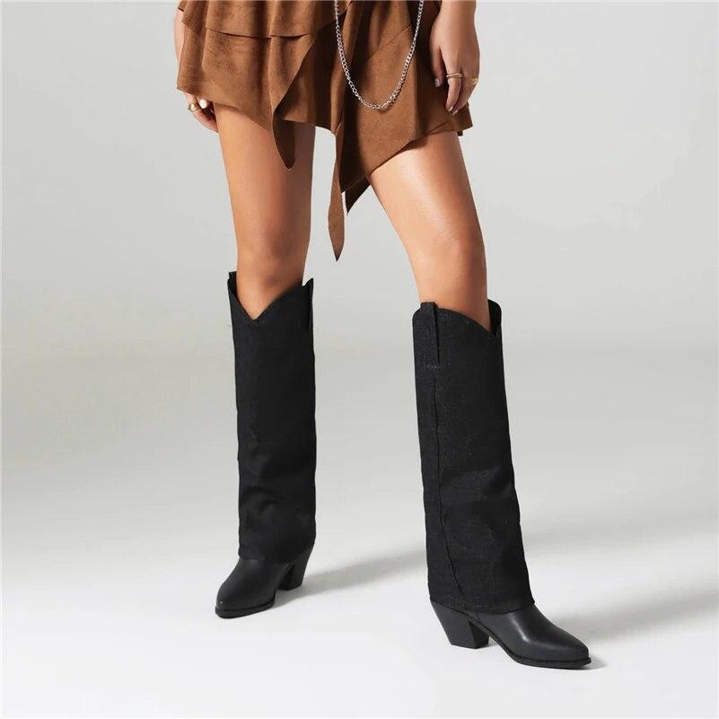 FOREADA Women Knee High Long Boots Pointed Toe Gogo Boots Thick High Heels Western Cowgirl Boots Ladies Fashion Shoes Winter 46