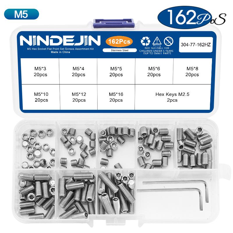 NINDEJIN Flat Point Set Screw Assorment Kit Stainless Steel M2-M10 Hexagon Socket Headless Set Grub Screw Kit with Hex Key