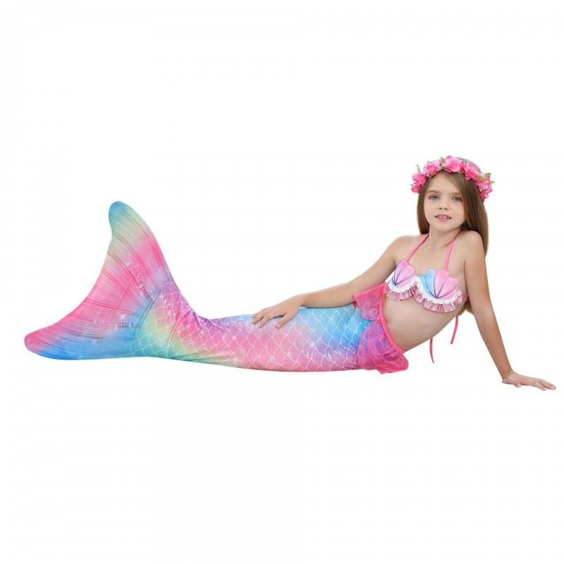 Kids Mermaid Swimsuit Set Girls 3-Piece Bikini Swimwear With High Elasticity Solid Color Toddler Swimming Outfit