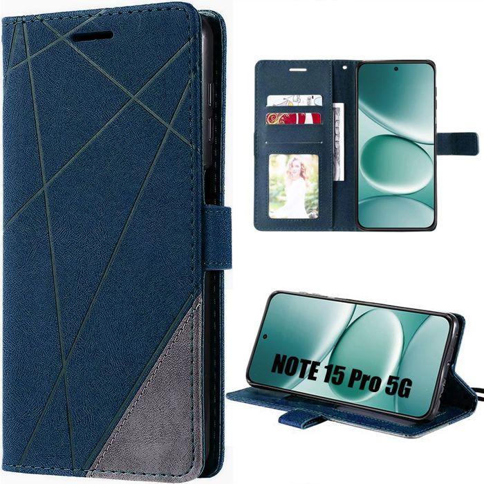Coque pour Xiaomi Redmi Note 15 Pro 5G, Protection Anti-Rayure Effet Cuir Bicolore Bleu Marine Gris