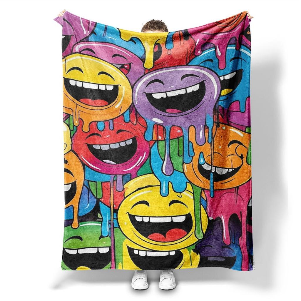Colorful Smiley Face Print Flannel Throw Blanket – Fun Oversize Gift for Home Office Sofa Car Nap