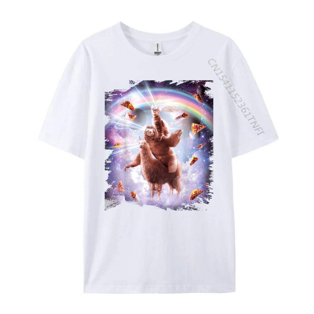Laser Eyes Space Cat Riding Sloth Llama Rainbow Shirts Graphic Tee White T Shirt Men