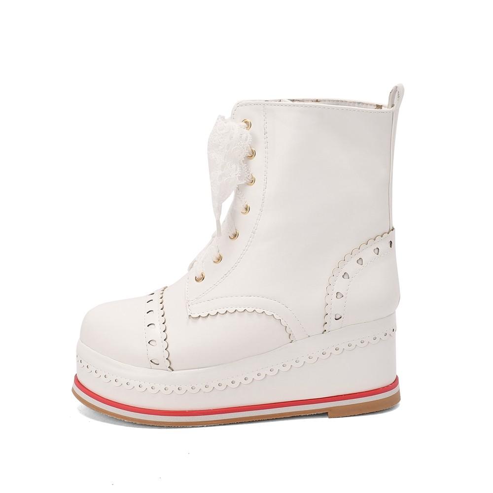 Lolita Style Sweet Girls Shoes Lace Up Platform Hidden Heels Wedges Princess Shoes Women Brock Ankle Boots Pink Plus Size 34-48