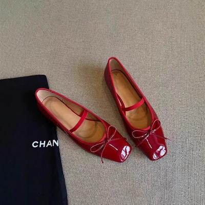 Вариант из овчины! Красные туфли Мэри Джейн, женские из лакированной кожи, с балетным бантом, ретро одинарные туфли на плоской подошве.