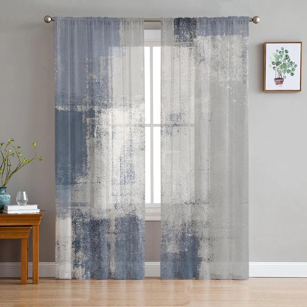Luxury Tulle Curtains Color Painting Modern Living Room Kitchen Chiffon Curtain Youth Bedroom Sheer Floor Valance Curtain