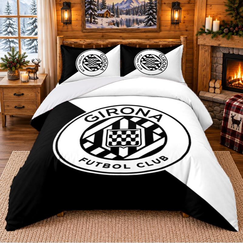Printed 3Pcs Bedding Set Girona FC Pattern Bed Sheet Pillowcase For Bedroom Decor