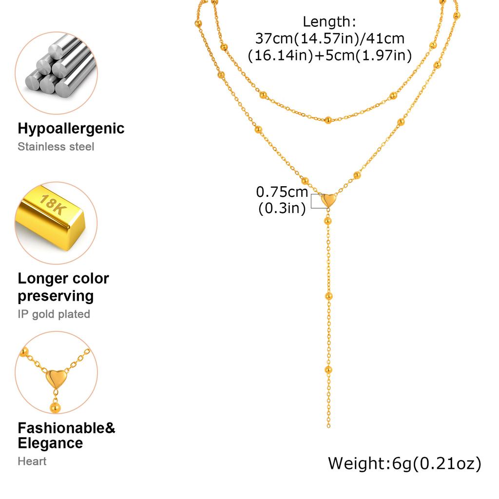Stainless Steel Bead Chain Tassel Double-layer Y-shaped Necklace for Women, Simple Heart Flower Zircon Gold Plated Long Necklace