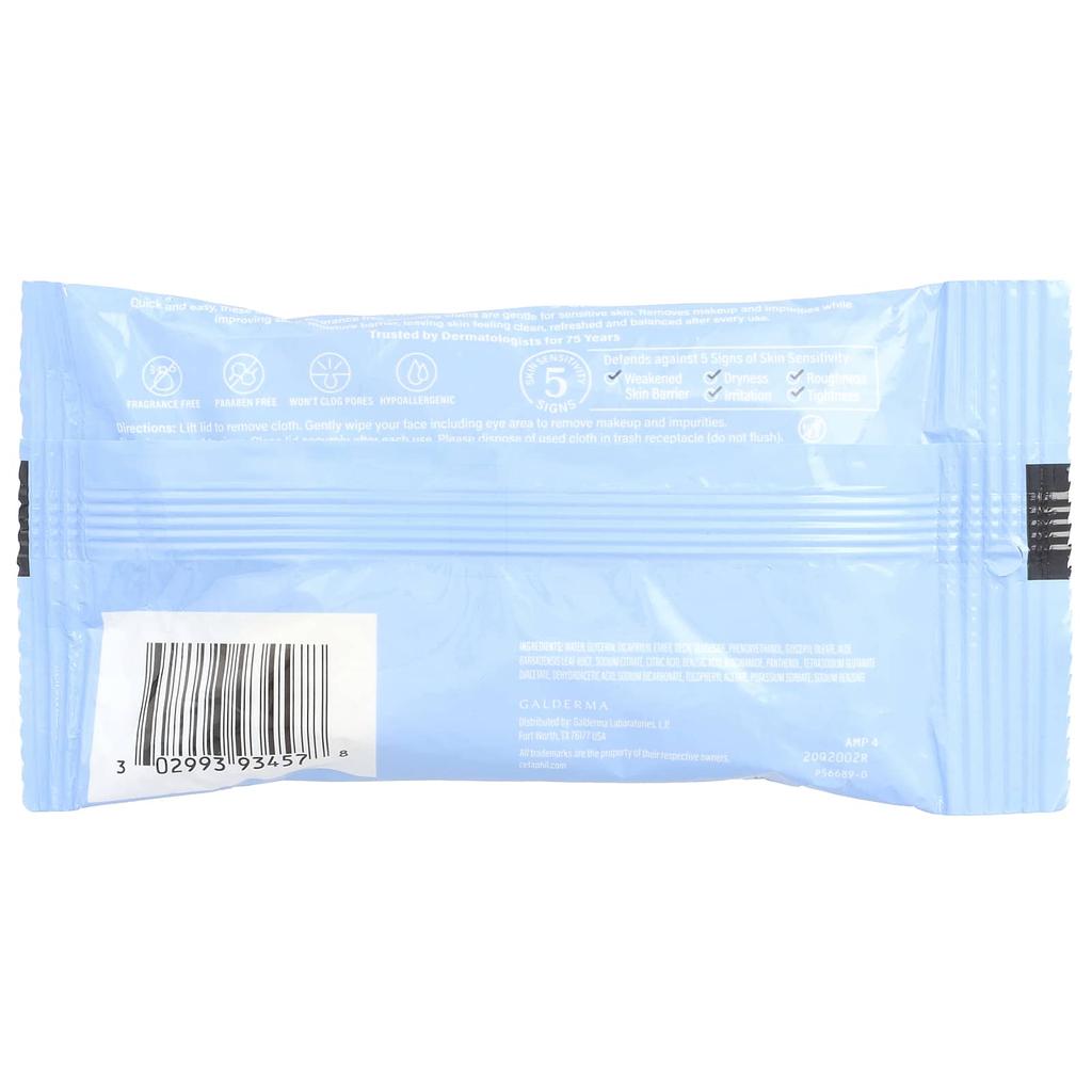 Cetaphil Нежные очищающие салфетки для кожи, без отдушек, 10 влажных салфеток