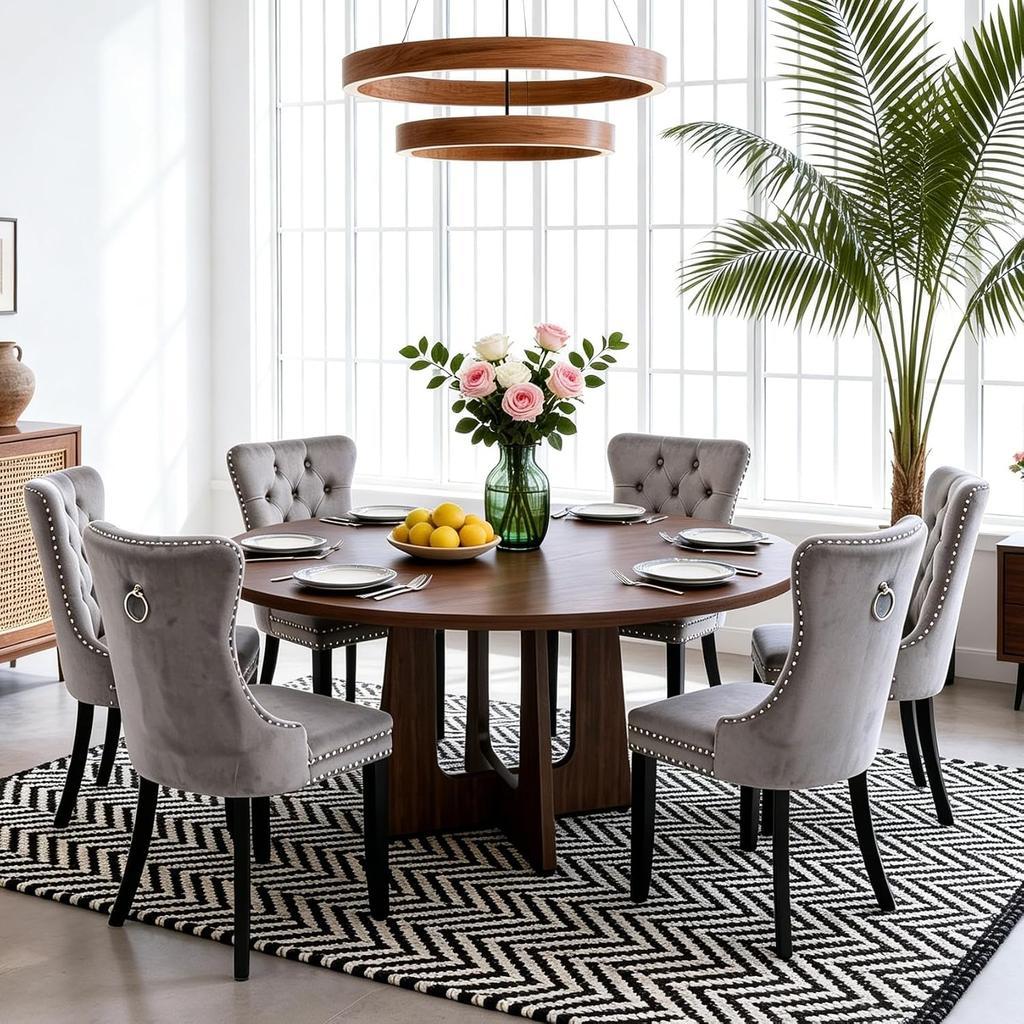 7-Piece Round Dining Table Set for 6, 47" Black Farmhouse Kitchen Table with 6 Gray Velvet Tufted Chairs, Modern Circle, Custom