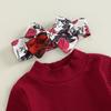 Infant Girl Autumn Clothes Set, Solid Color Ribbed Long Sleeve High Neck Romper + Flower Leaf Print Flare Pants + Headband