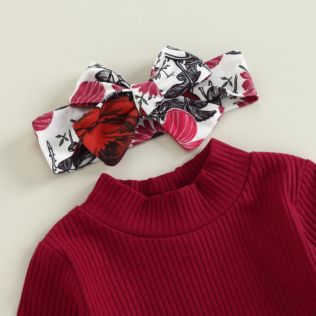 Infant Girl Autumn Clothes Set, Solid Color Ribbed Long Sleeve High Neck Romper + Flower Leaf Print Flare Pants + Headband