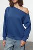 Women's Elegance Style Sweatshirt Indigo Oversize Wide Fit Asymmetrical Collar Thick Knitted Sweatshirt