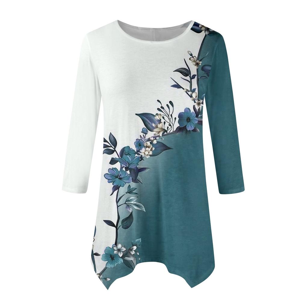 Женская модная повседневная рубашка с круглым вырезом и цветочным принтом, рукавами-семью, свободным удобным топом с поясом