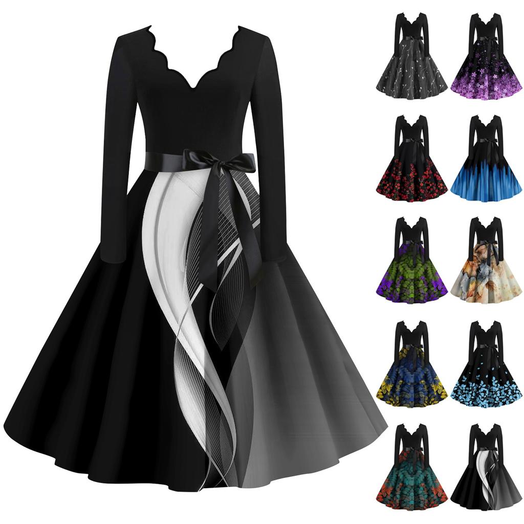 Женские повседневные модные длинные платья с длинным рукавом в стиле ретро с графическим принтом в винтажном стиле на осень