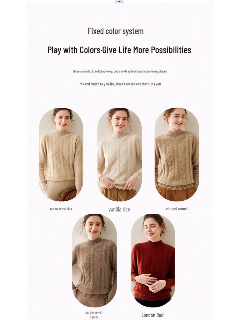 Женский кашемировый пуловер кабельной вязки - Полувысокий воротник, Длинный рукав, Однотонный, Теплый и повседневный базовый слой