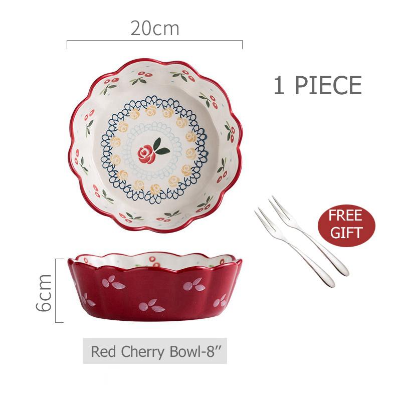 Керамическая красная миска с вишней, салатница, подставка для риса и пасты, миска-рамекин, синяя столовая посуда с цветочным узором, можно мыть в посудомоечной машине