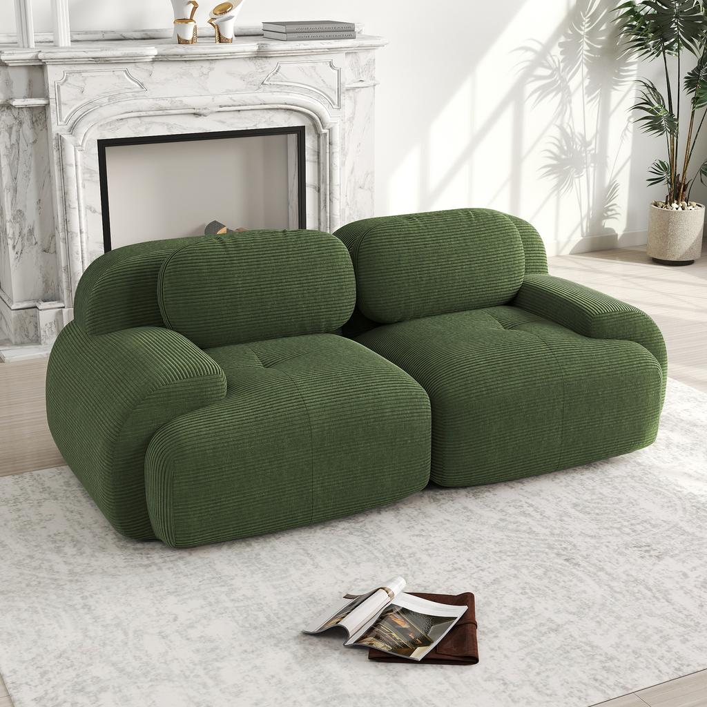 Loveseat Sofa Corduroy, Frameless, Combinable with Curved Armrests and Non-Slip Underside, High-Elastic Padding for Living Room, Bedroom, Green