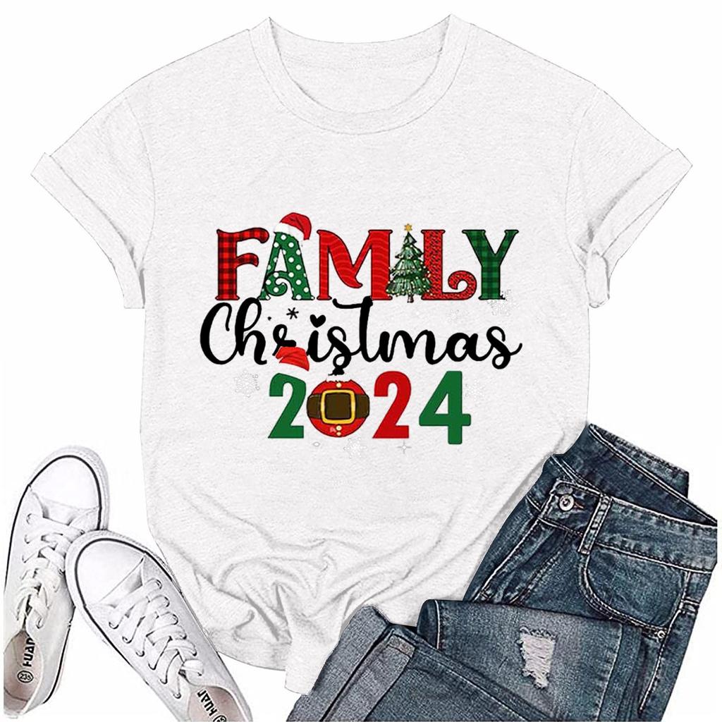 Женский повседневный рождественский принт с короткими рукавами и круглым вырезом, свободный пуловер, топ