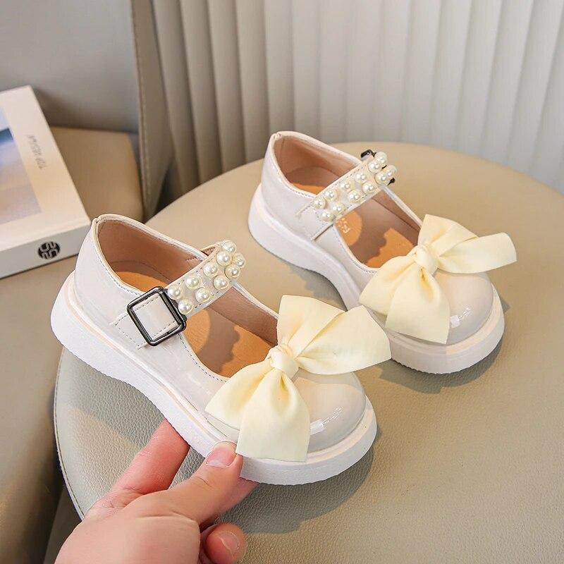 Children Fashion Leather Shoes for Girls Pearls with Bow Simple Platform Cute Princess Party Wedding Shows Kids Shoes Korean PU