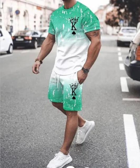 Европейский и американский мужской комплект футболок, летние шорты с 3D принтом и буквами для игральных карт, комбинированный комплект из 2 предметов с короткими рукавами, повседневный