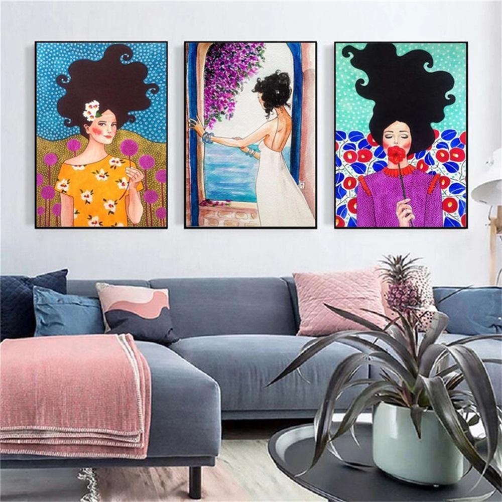 Скандинавская абстрактная девушка, цветок, птица, холст, картина, печать плакатов, винтажная настенная художественная картина для гостиной, домашний декор, Cuadros, без рамки