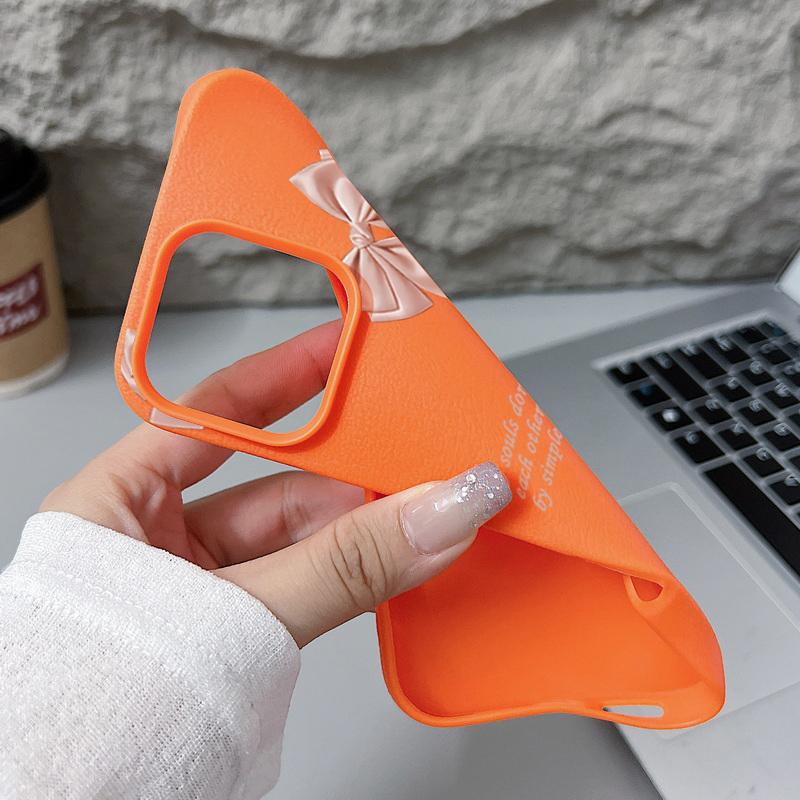 Pink Bowknot Print Soft Matte Case For iPhone 16 Pro Max 15 Pro 14 13 12 11 Solid Color Shockproof TPU Leather Texture Slim Phone Cover