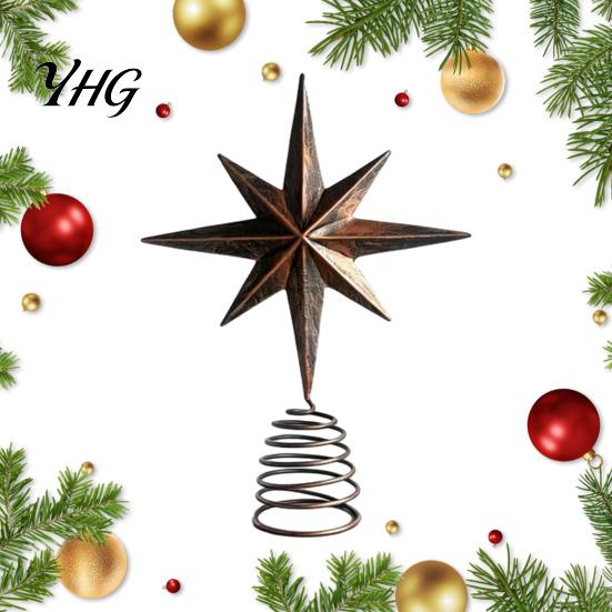 Handcrafted Metal Ornament Distressed Eight-pointed Star Christmas Tree Topper with Stable Spiral Vintage Spring Base, for Holiday Party Home