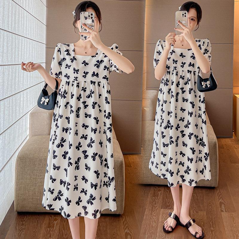 Летнее платье для беременных больших размеров: Квадратный вырез, Миди-бабочка, Короткий рукав