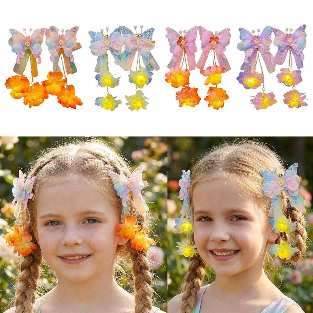2pcs/set Luminous Flower Faux Flower Hairpin Extra Large Shake Tassels Tassel Hair Clip Silk Butterfly Hairclips Children's Use