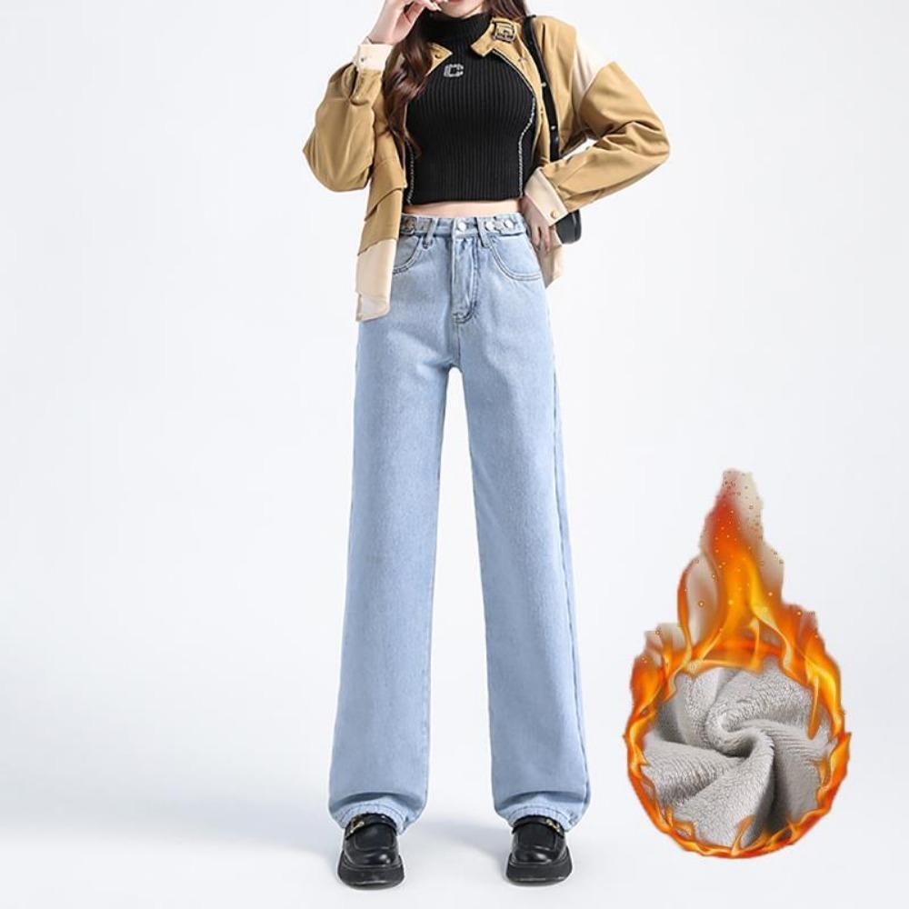 Spring and Autumn New Casual Adjustable Wide Leg Jeans Women's High Waist Fleece Thickened Straight Floor Mopping Jeans