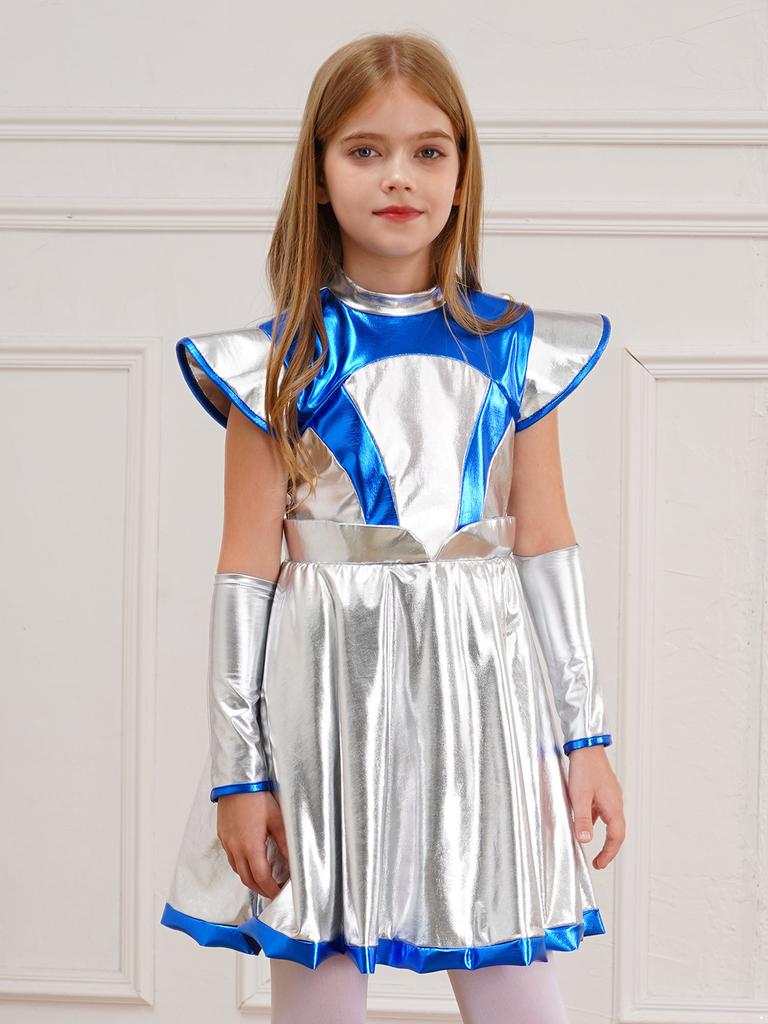 Kids Girls Alien Robot Astronaut Costume Outer Space Cutie Costume Halloween Carnival Cosplay Party Fancy Dress Up Child Suit