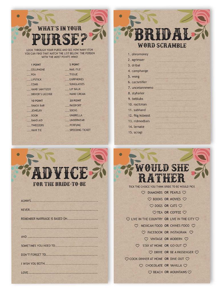 Inkdotpot Набор игр для девичника, комплект из 4 штук(50 листов каждый) w Miss to Mrs Gold Banner Rustic Kraft Цветочные веселые игры для свадебного душа
