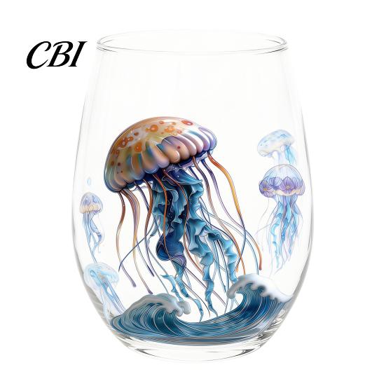 Ocean Lover Birthday Gift Handcrafted Glass Cup, Unique Marine Animal Theme Print Artisan Hand Blown Cup Bar Tumbler, Decorative Glassware for