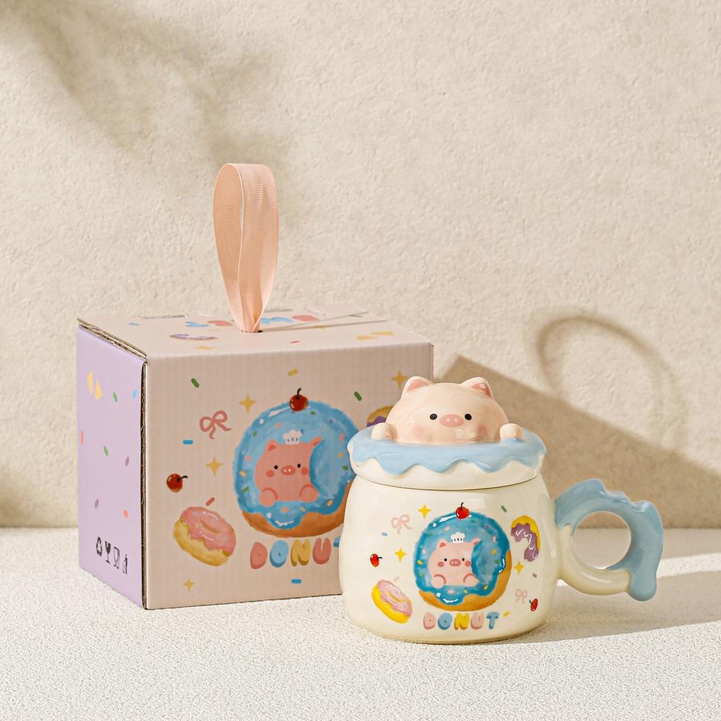 Cartoon animal piggy mug donut little girl ceramic cup with lid large capacity set cup souvenir