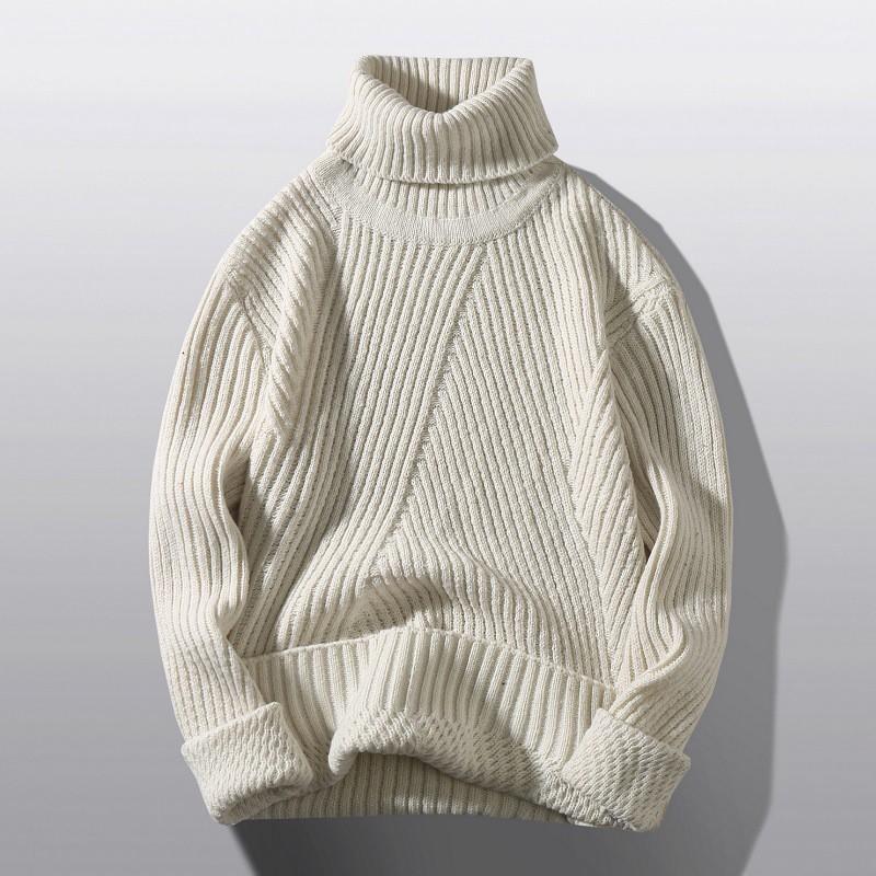 Mens Thickened High Neck Knit Sweater Slim Fit Solid Color Winter Warm Pullover Daily Wear