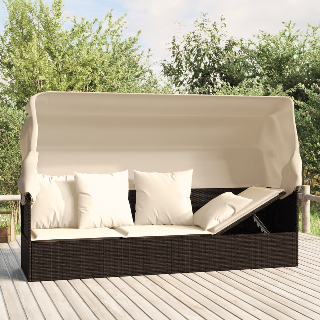 Outdoor Lounge Bed with Canopy and Cushions Brown Poly Rattan