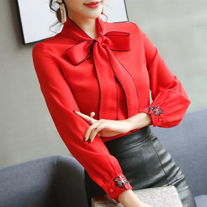 Модный воротник-бабочка, элегантные женские блузки, повседневные вышитые цветочные свободные женские рубашки, топы, однотонные, с длинным рукавом, простые офисные женские блузки 0726