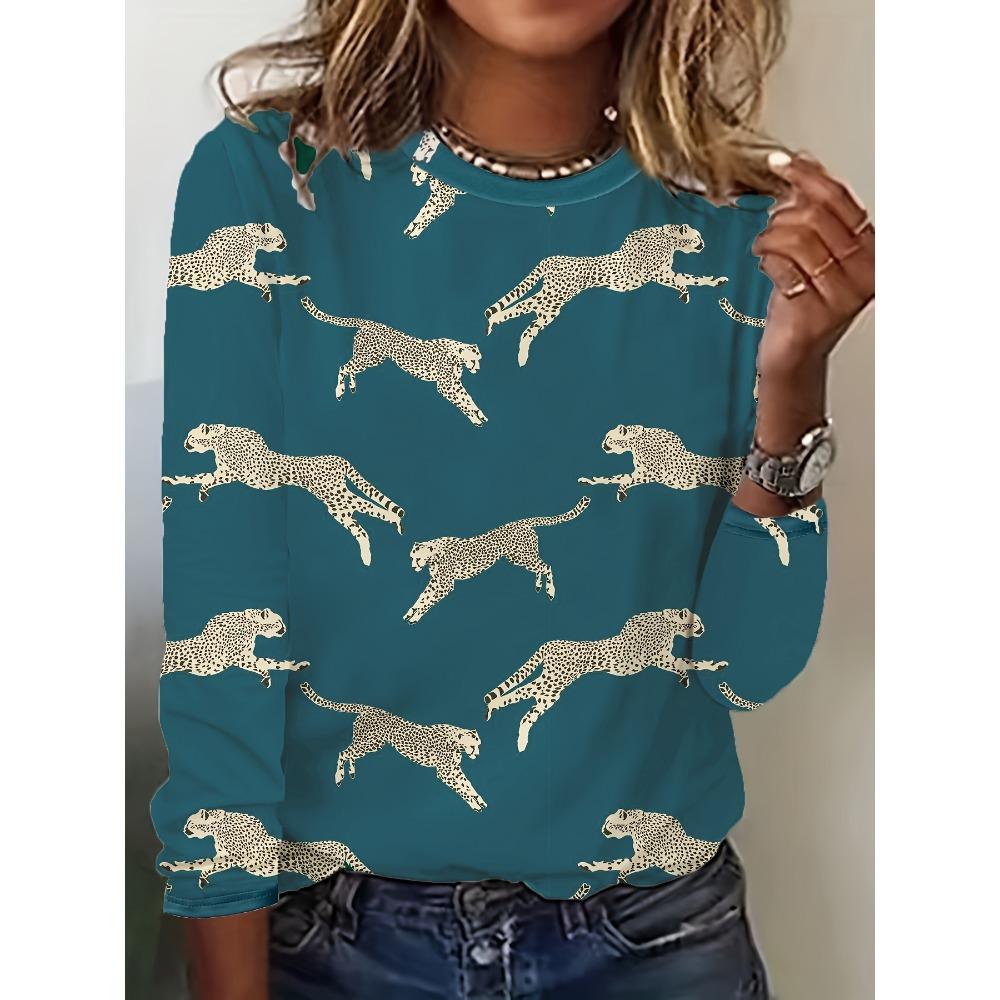 Весенне-осенний топ с круглым вырезом, леопардовым принтом и 3D-печатью, модная повседневная женская футболка с длинным рукавом
