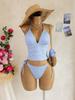 1011 European and American blue and white stripes fresh neck V-neck sexy pleated drawstring waist cover vest bikini