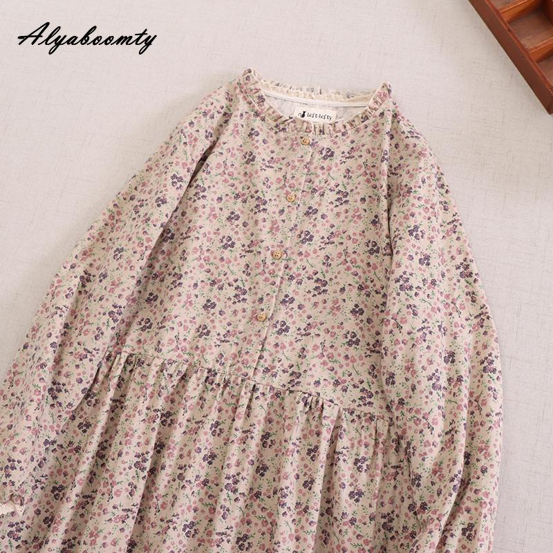 Mori Girl, весенне-осеннее женское платье в стиле ретро с воротником-стойкой, синее, абрикосовое, кофейное, с цветочным принтом, хлопковое и льняное винтажное свободное платье миди