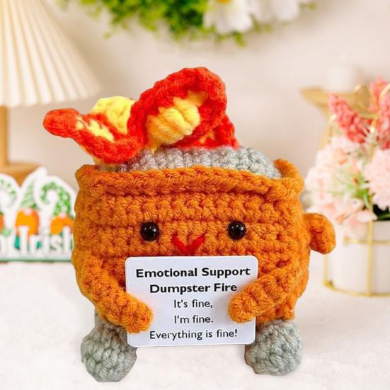 Crocheted Dumpster Plush Doll Emotional Support Gift Handmade Crochet Trash Can Flaming