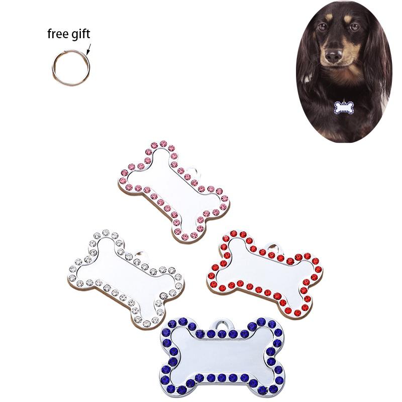 Pet Diamond Edge Dogs Tag Bone Shaped Anti Loss Jewelry Metal Pink Pendant Blue