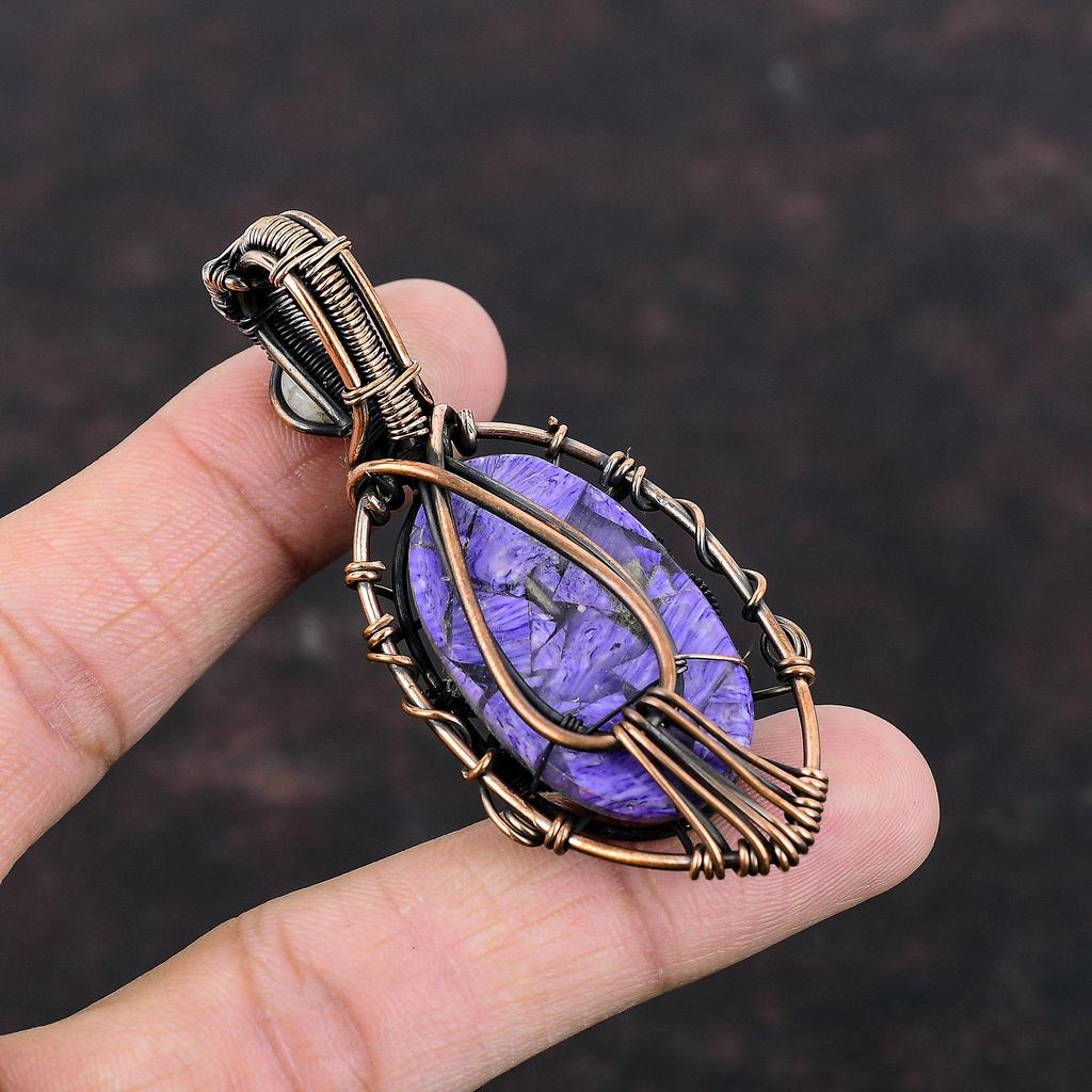 Кулон Медный Глаз Дьявола с Хароитом Кулон из Драгоценного Камня, Оплетенный Медной Проволокой Ручной Работы Стильный Кулон Кулон из Радужного Лунного Камня Медные Ювелирные Изделия