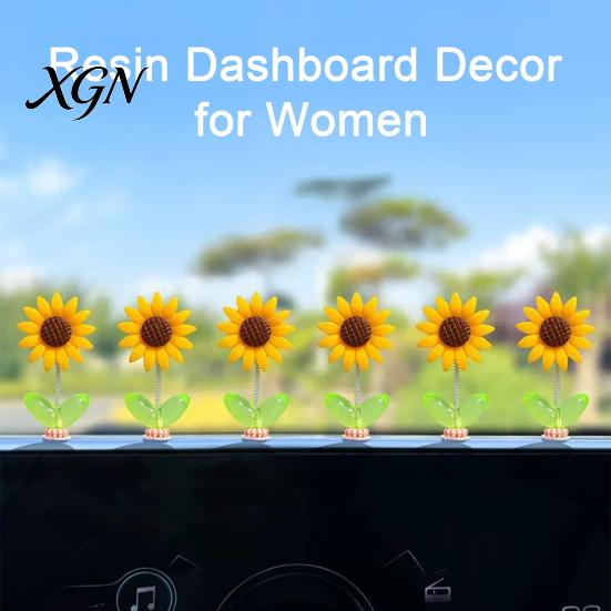 Interior Aesthetic Accessories 5Pcs Wobble Sunflower Car Dashboard Decor, Resin Spring Flower Ornament Cute Office Desk Decorations with Non