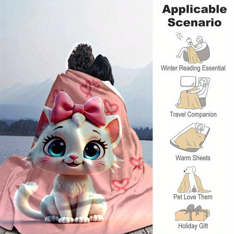 1pc Cute Cartoon Cat with Pink Bowknot Blankets, Cartoon Blanket, for Decorating Your Own Sofa and Living Room, Super Soft Flannel, for All