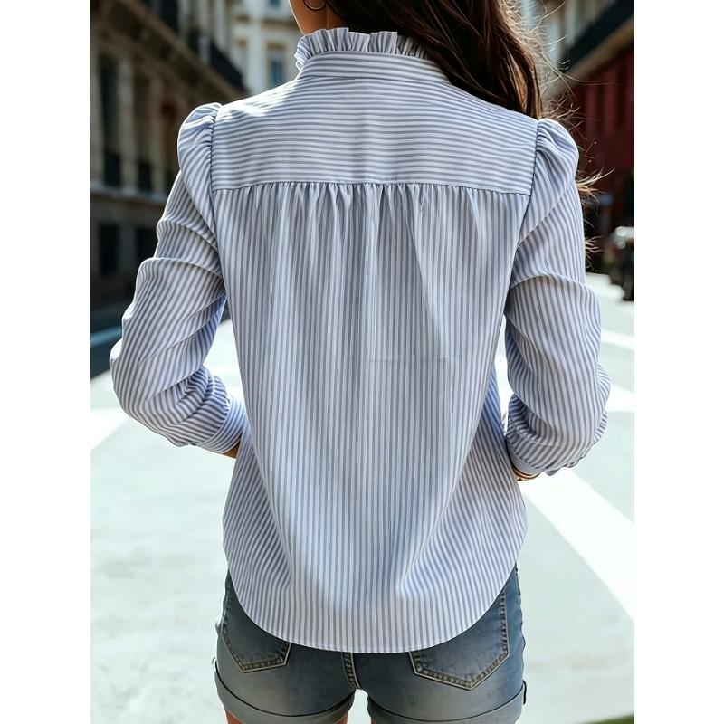 Women Striped Pleated Long Sleeve Single Breasted Elegant Commuting Blouse Shirt
