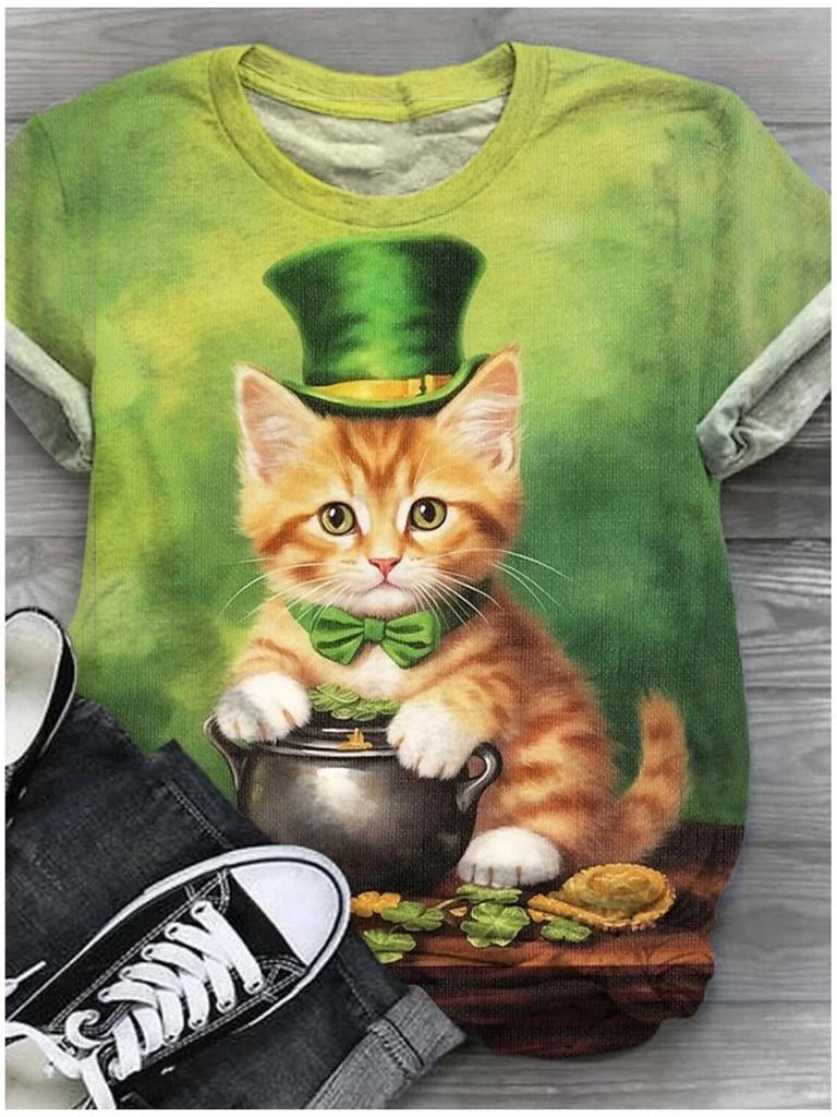 Женская ул.. Футболка ко Дню Святого Патрика Повседневная Зеленая Футболка с коротким рукавом с 3D-принтом и круглым вырезом с коротким рукавом Уличная одежда Y2k