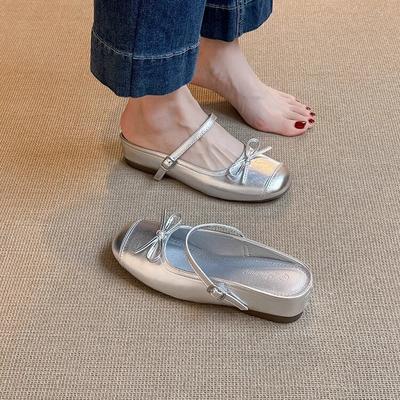 Версия из овчины~ Французский бант серебристые крутые одинарные туфли женские 2025 лето новинка на высокой платформе сумка на носке полушлепанцы для улицы