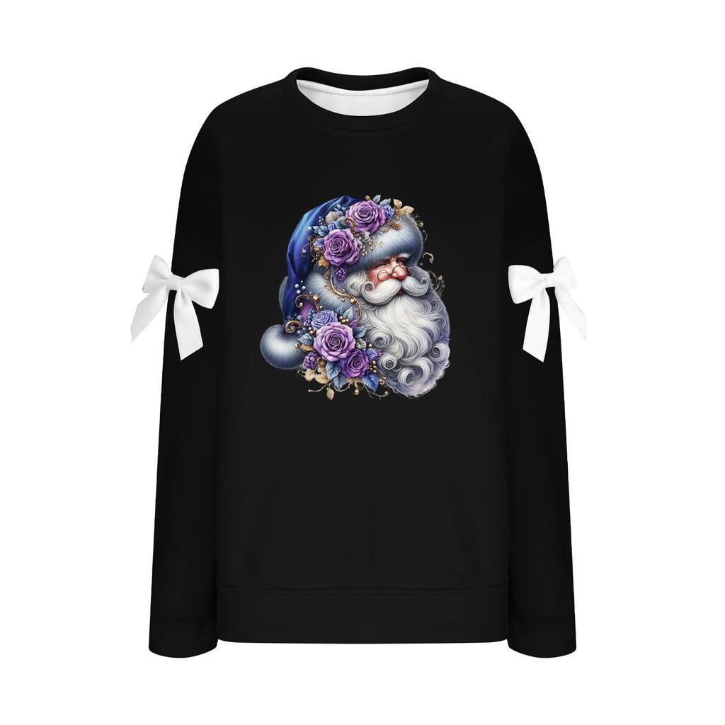 Ladies' Christmas Printed Bow Round Neck Long Sleeved Loose Pullover Sweater Sweatshirt Top